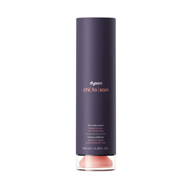 Dyson bottle front packaging showing product and benefits for prepared styling