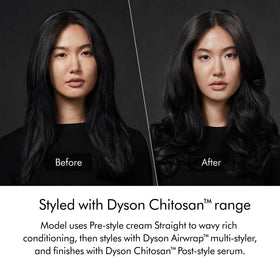 Dyson product applied during blowdry showing frizz reduction and smooth finish