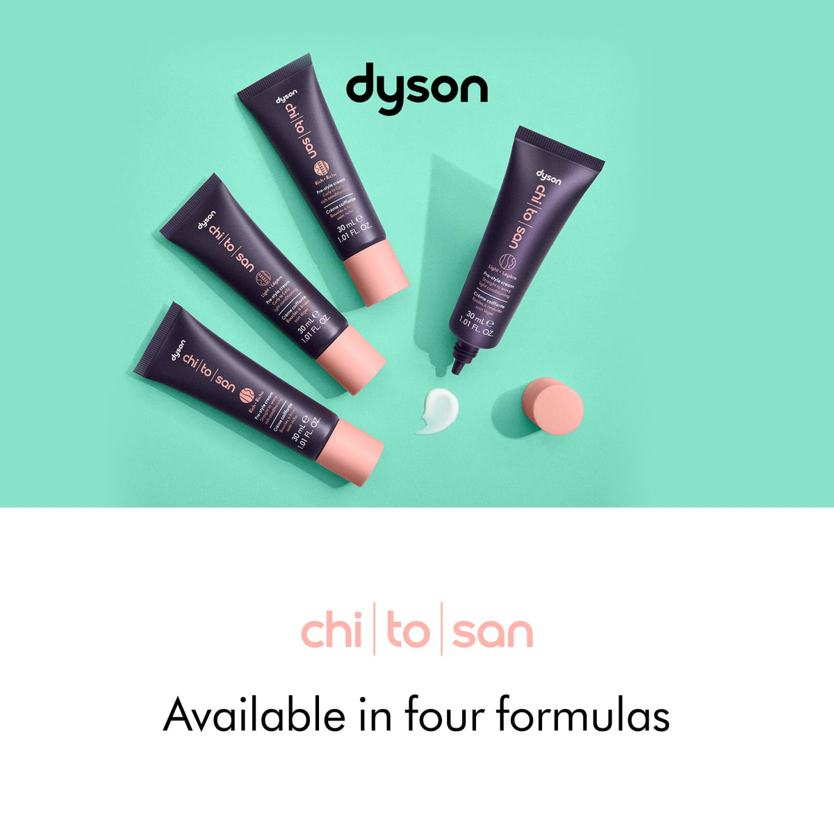 Dyson Chitosan texture close-up cream-to-serum demonstrating even spread for lightweight hold