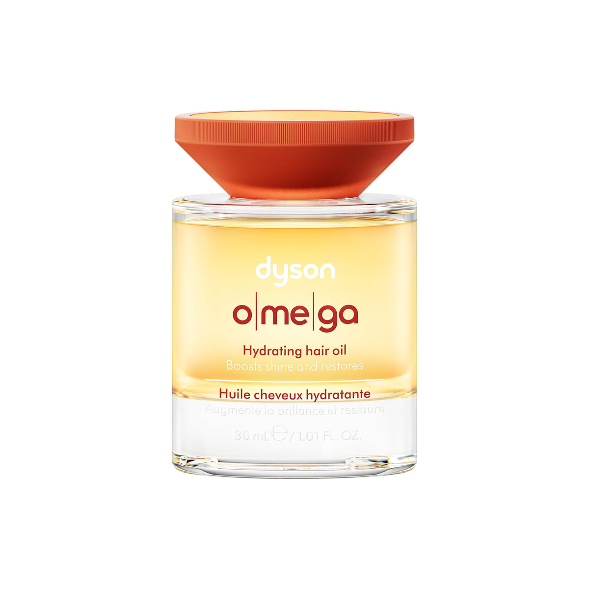 Dyson Omega front packaging showing compact 30mL bottle and label benefit