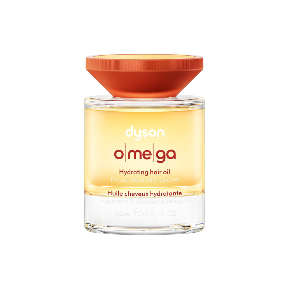 Dyson Omega front packaging showing compact 30mL bottle and label benefit