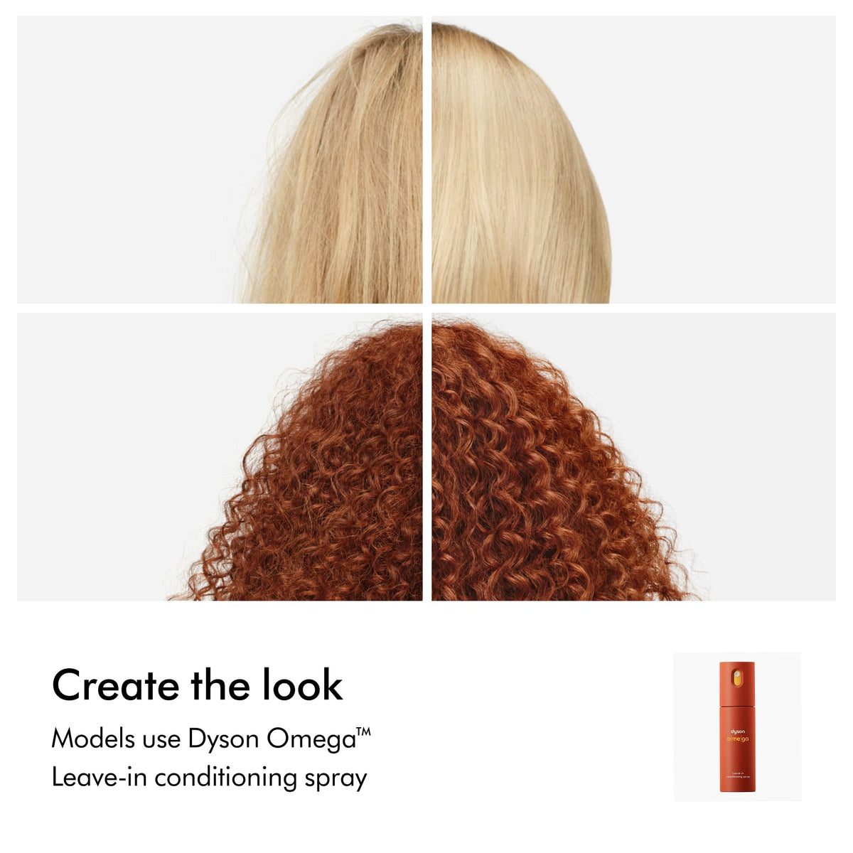 Dyson Omega bottle with oil blend close-up showing nourishing ingredients benefit