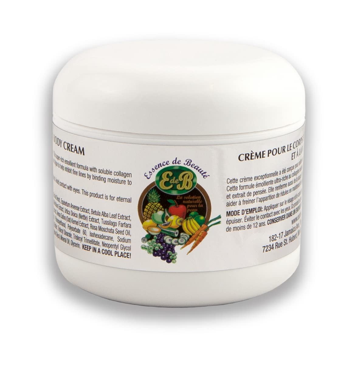 E de B jar front view showing label and 8oz container, highlights elegant packaging