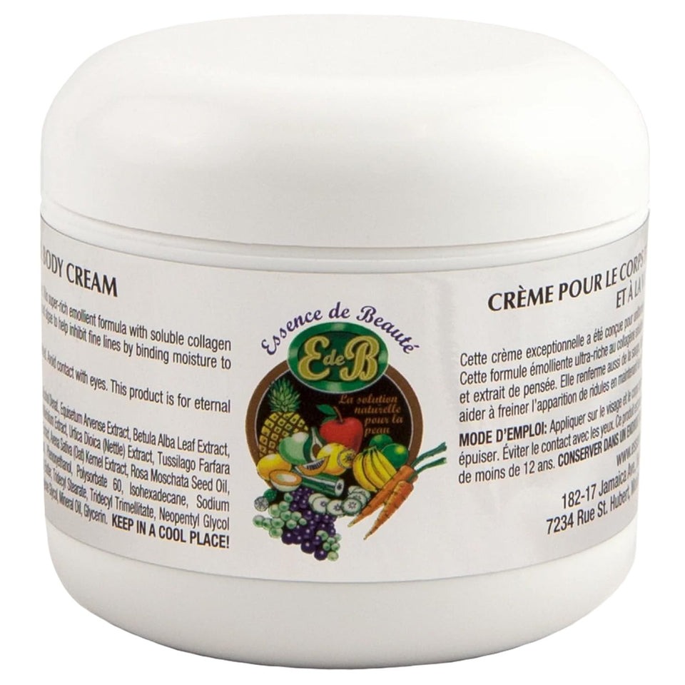 E de B front jar of collagen and vitamin E face and body cream showing label and 4oz size for convenient daily use