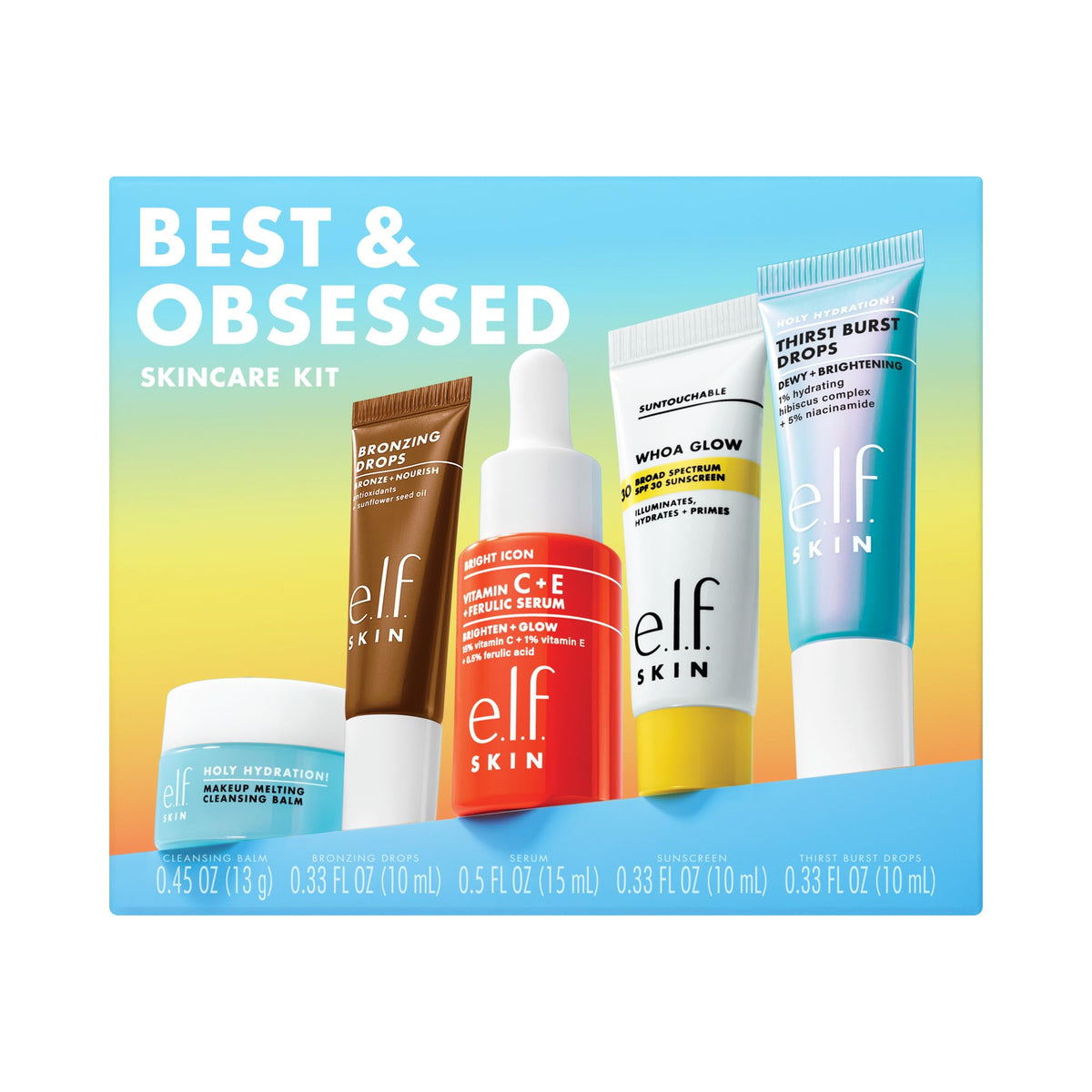e.l.f. SKIN kit front packaging showing all five minis and travel-ready benefit