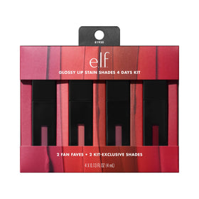 e.l.f. front packaging showing four glossy lip stain tubes and kit benefit