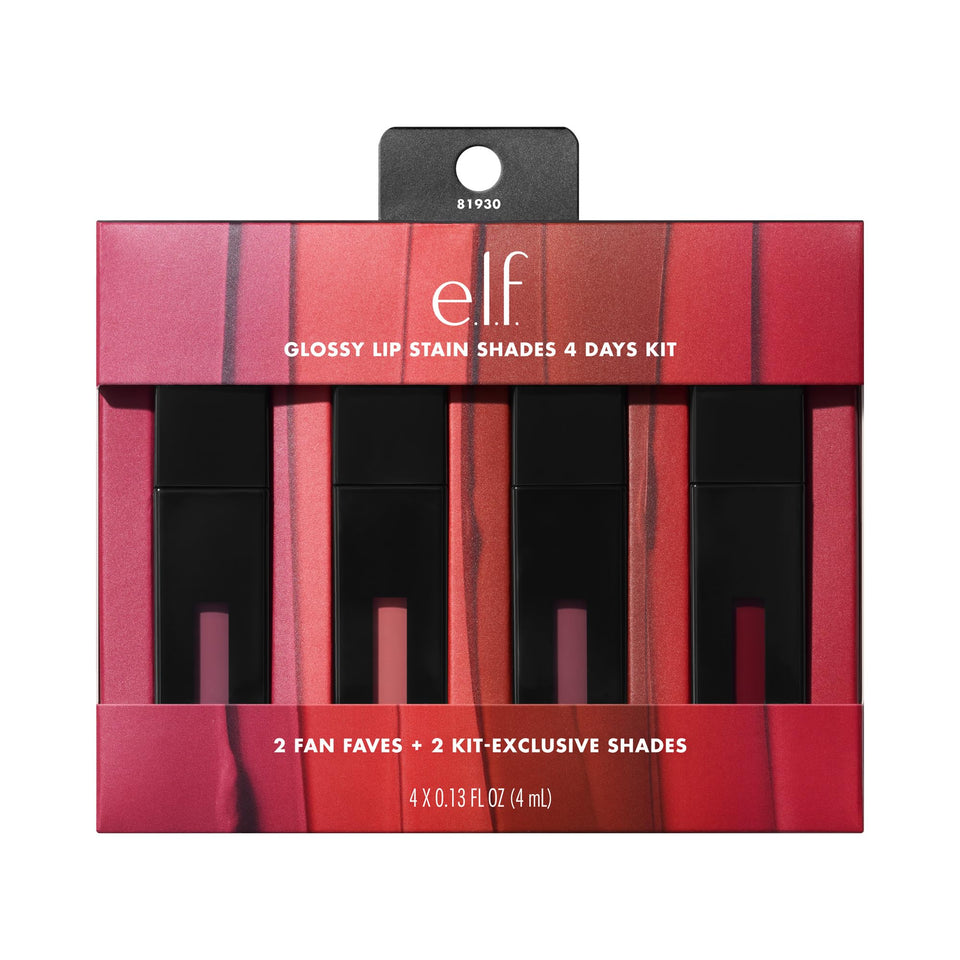 e.l.f. front packaging showing four glossy lip stain tubes and kit benefit