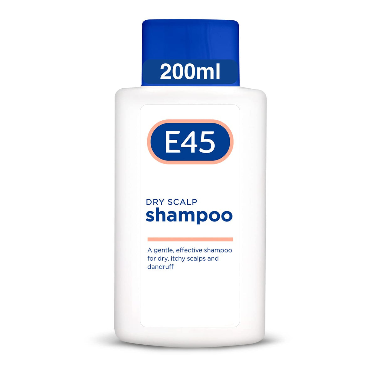 E45 dry scalp shampoo front packaging showing clear label and 200ml size benefit