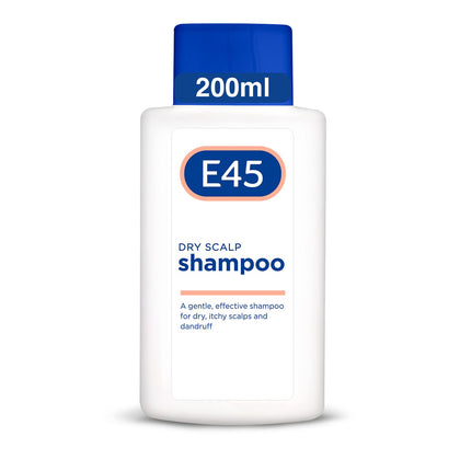 E45 dry scalp shampoo front packaging showing clear label and 200ml size benefit