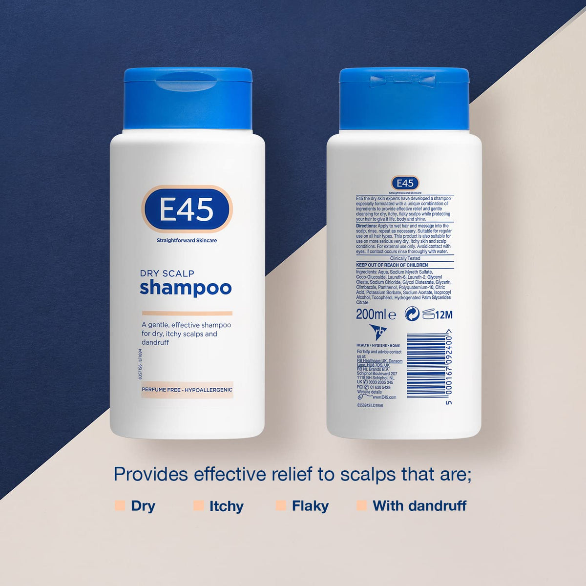E45 dry scalp shampoo pump and cap close detail for easy dispensing benefit