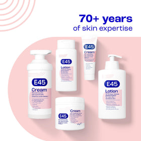 E45 eucalyptus tub placed on bathroom shelf conveying daily post-shower hydration