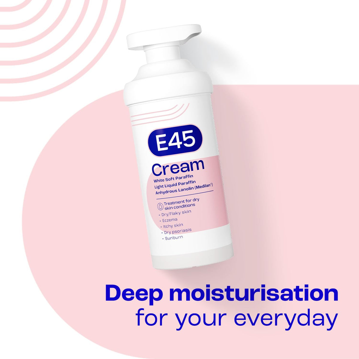 E45 eucalyptus open tub showing cream texture and quick-absorbing benefit