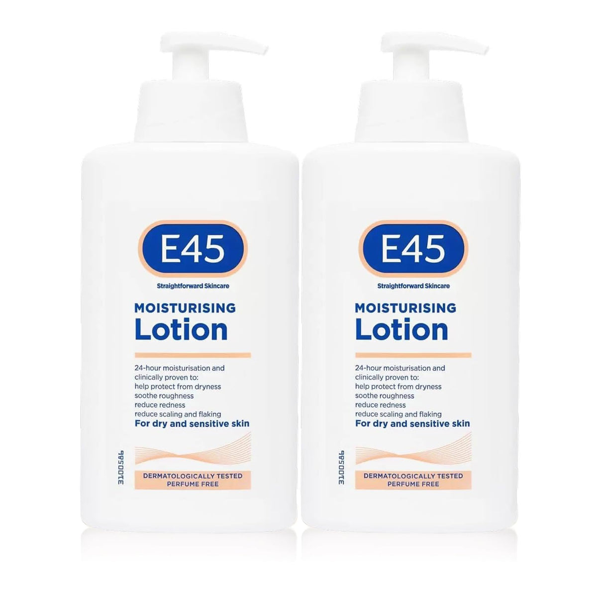E45 front packaging two-bottle pack showing label and size benefit