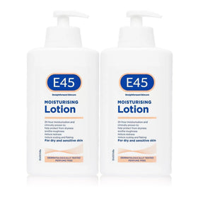 E45 front packaging two-bottle pack showing label and size benefit