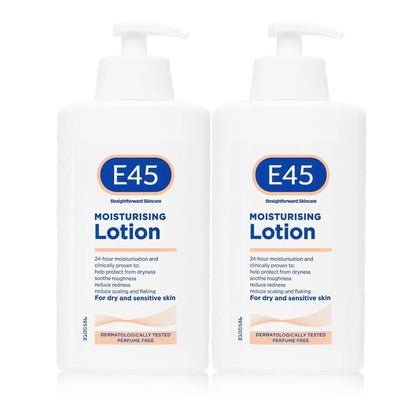 E45 front packaging two-bottle pack showing label and size benefit