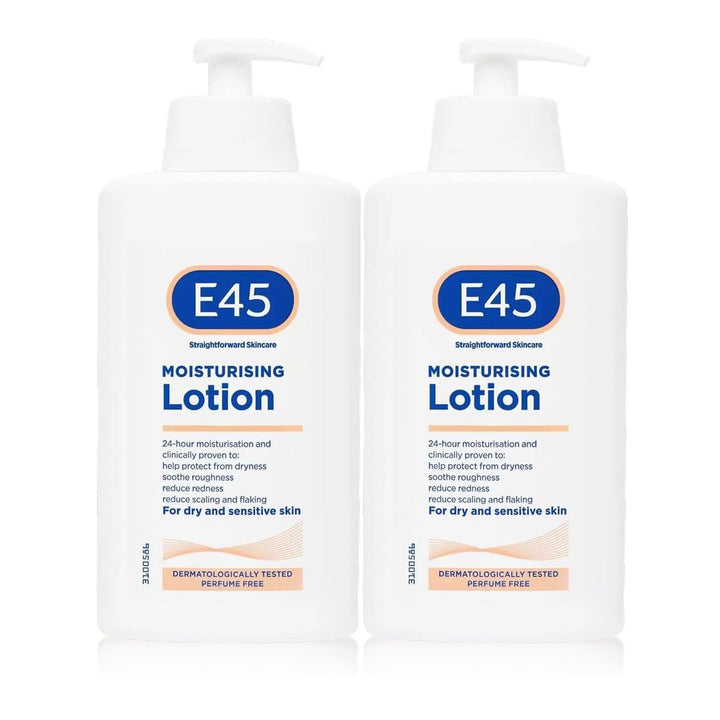 E45 front packaging two-bottle pack showing label and size benefit