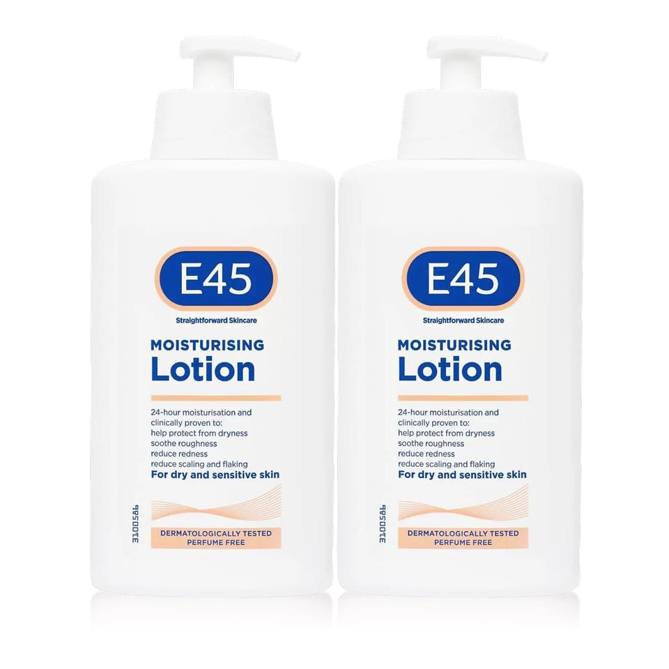 E45 front packaging two-bottle pack showing label and size benefit