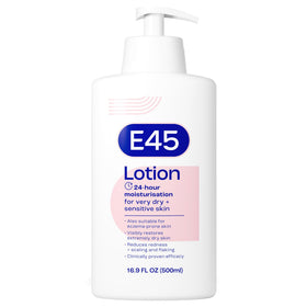 E45 front pump bottle showing brand and convenient dispenser for easy use
