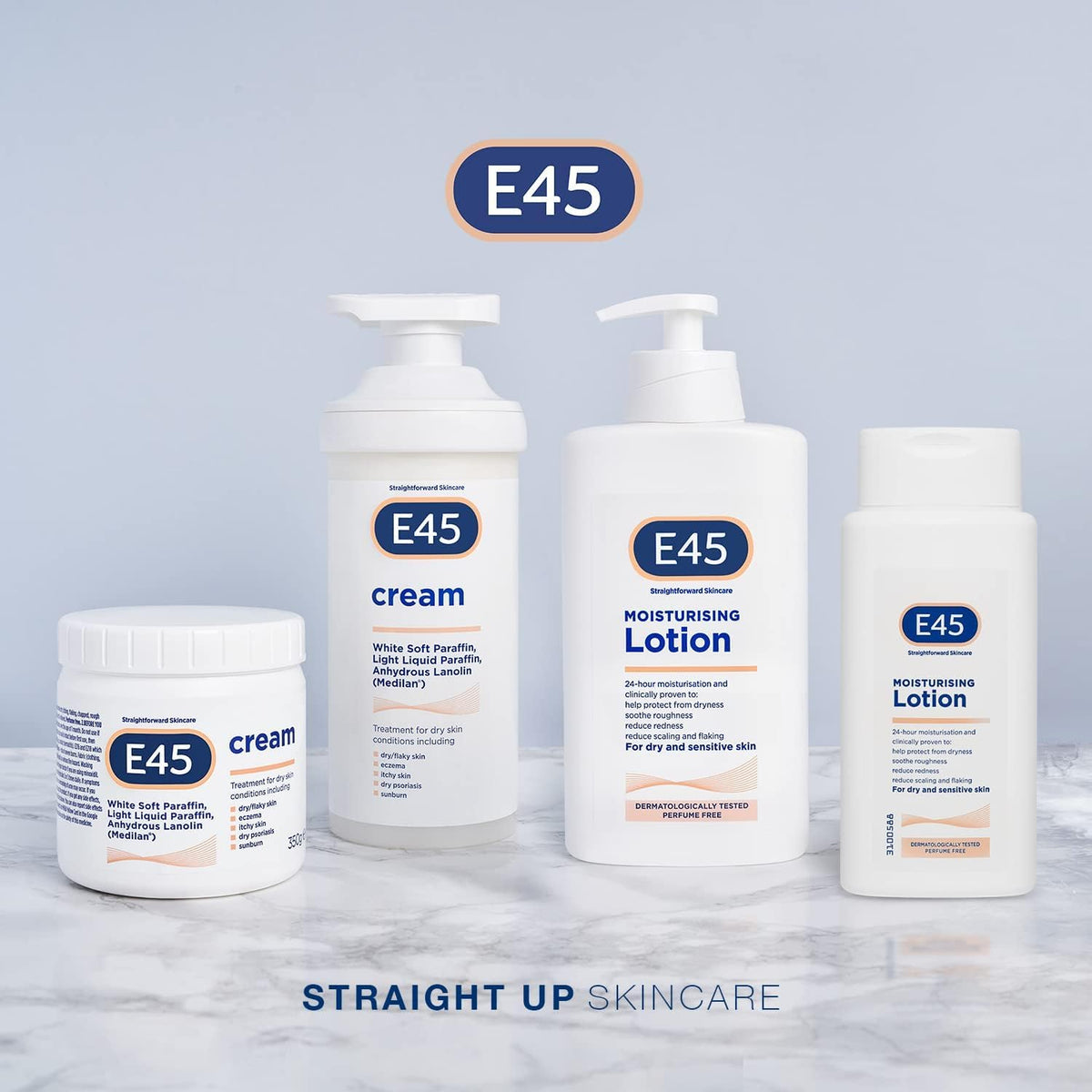 E45 ingredient label detail showing hypoallergenic formulation benefit