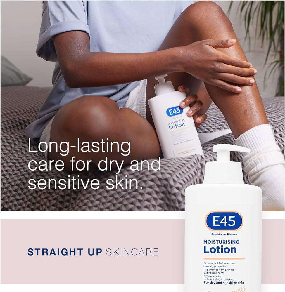 E45 lotion spread on forearm showing smooth finish and hydration