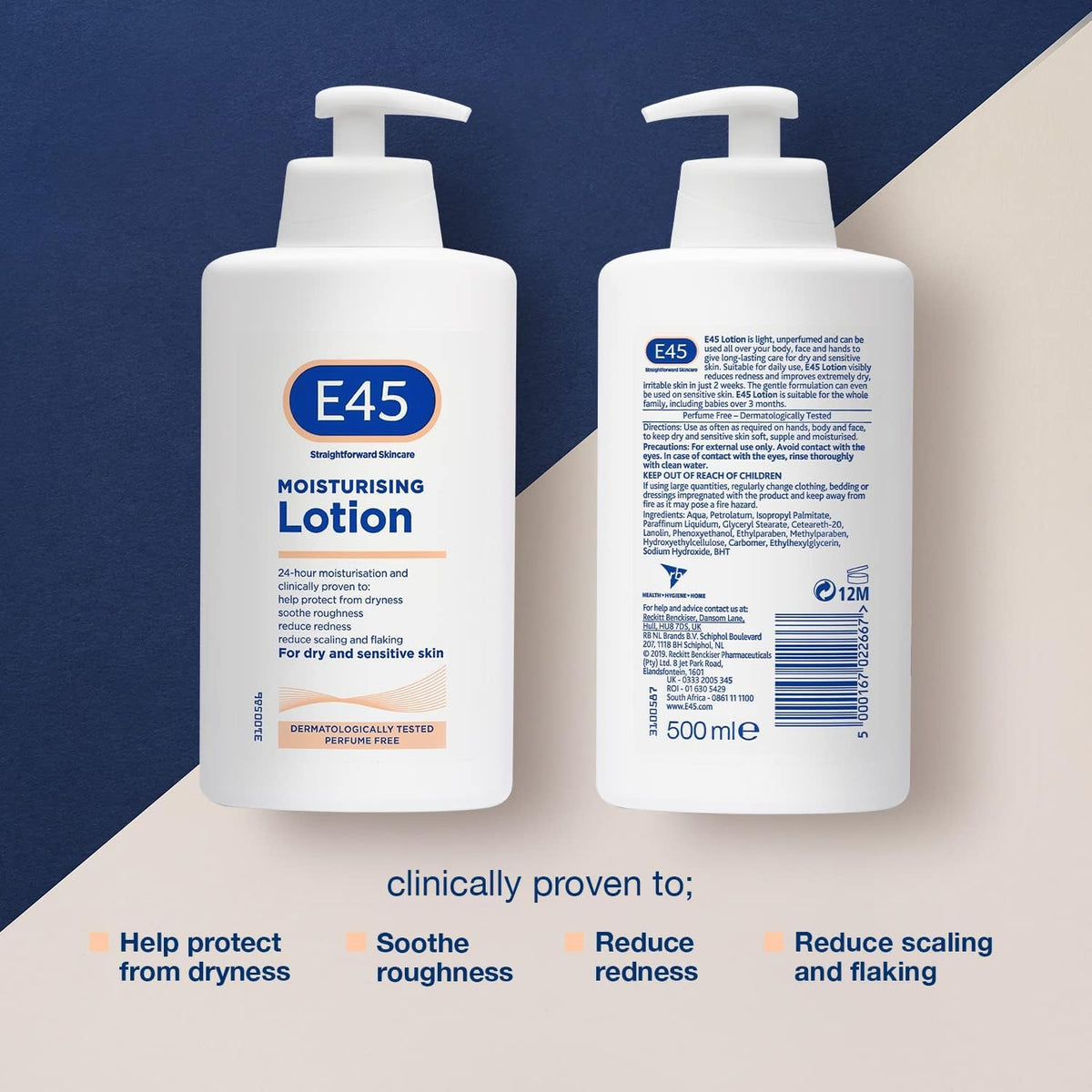E45 pump close-up and lotion texture demonstrating easy dispensing