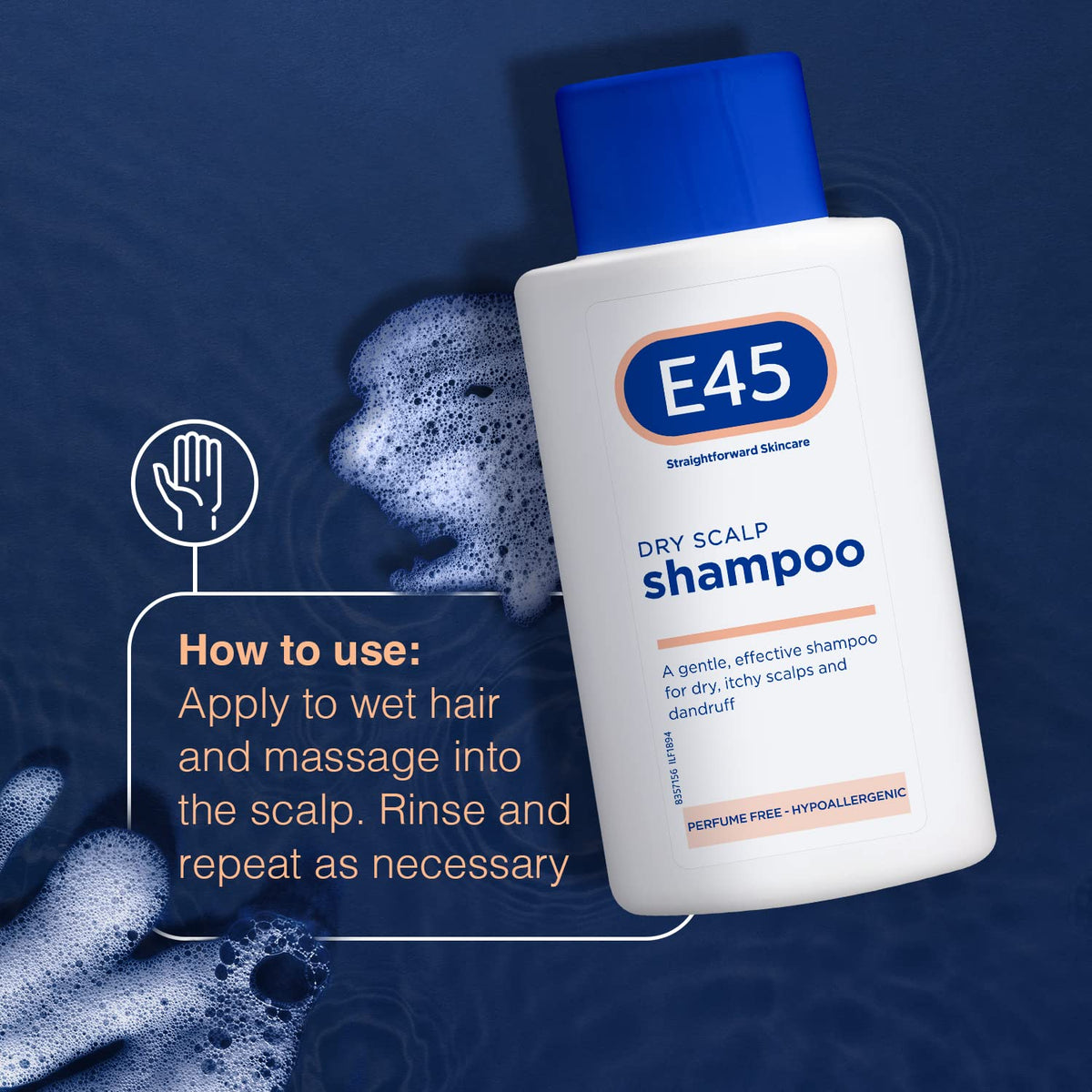 E45 dry scalp shampoo in hand size comparison showing portable 200ml bottle benefit