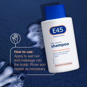 E45 dry scalp shampoo in hand size comparison showing portable 200ml bottle benefit