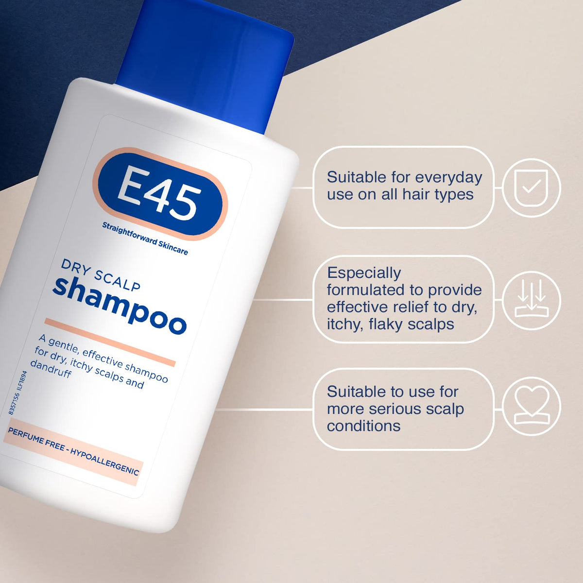 E45 dry scalp shampoo on bath shelf lifestyle scene conveying daily routine benefit