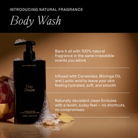Each & Every back label close-up listing ceramides, lactic acid, and moringa oil benefits