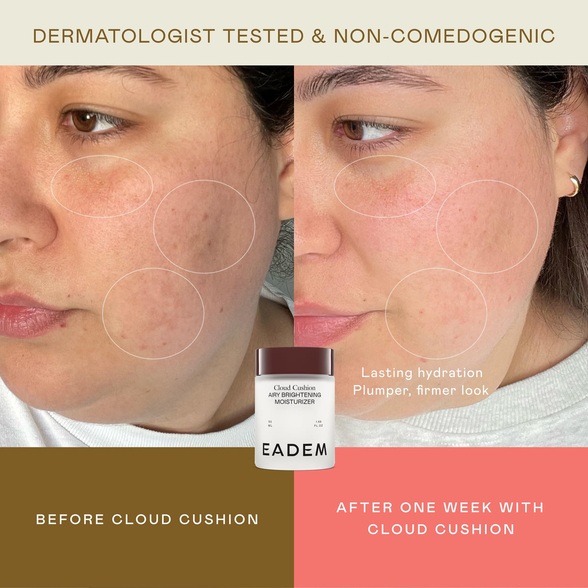 EADEM ingredient display with ceramides peptides and niacinamide highlighting barrier support