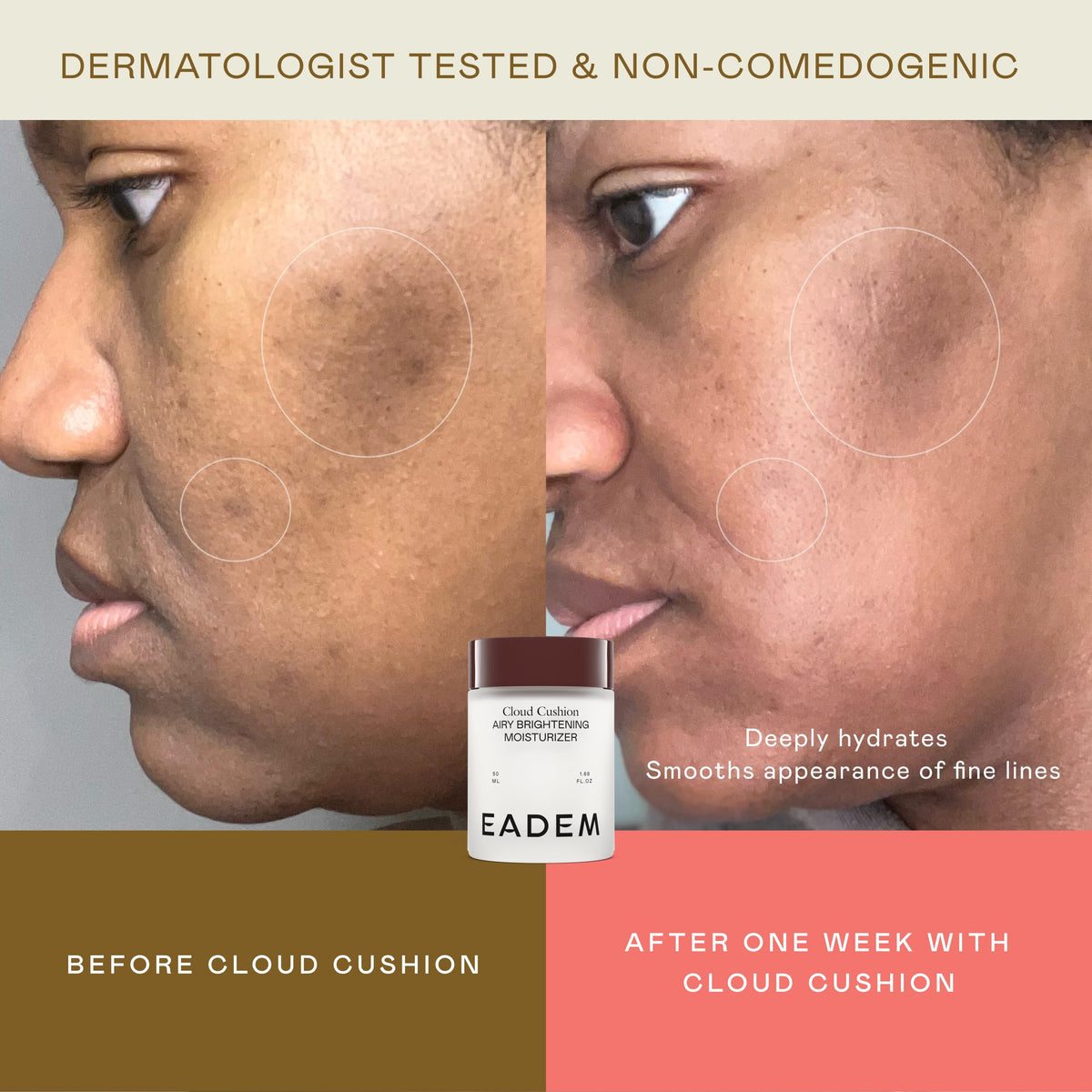 EADEM product being applied to cheek demonstrating gentle coverage and hydration boost