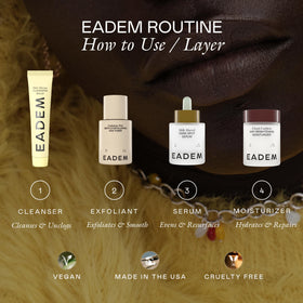 EADEM ingredients flatlay with moringa and tiger grass emphasizing botanical support