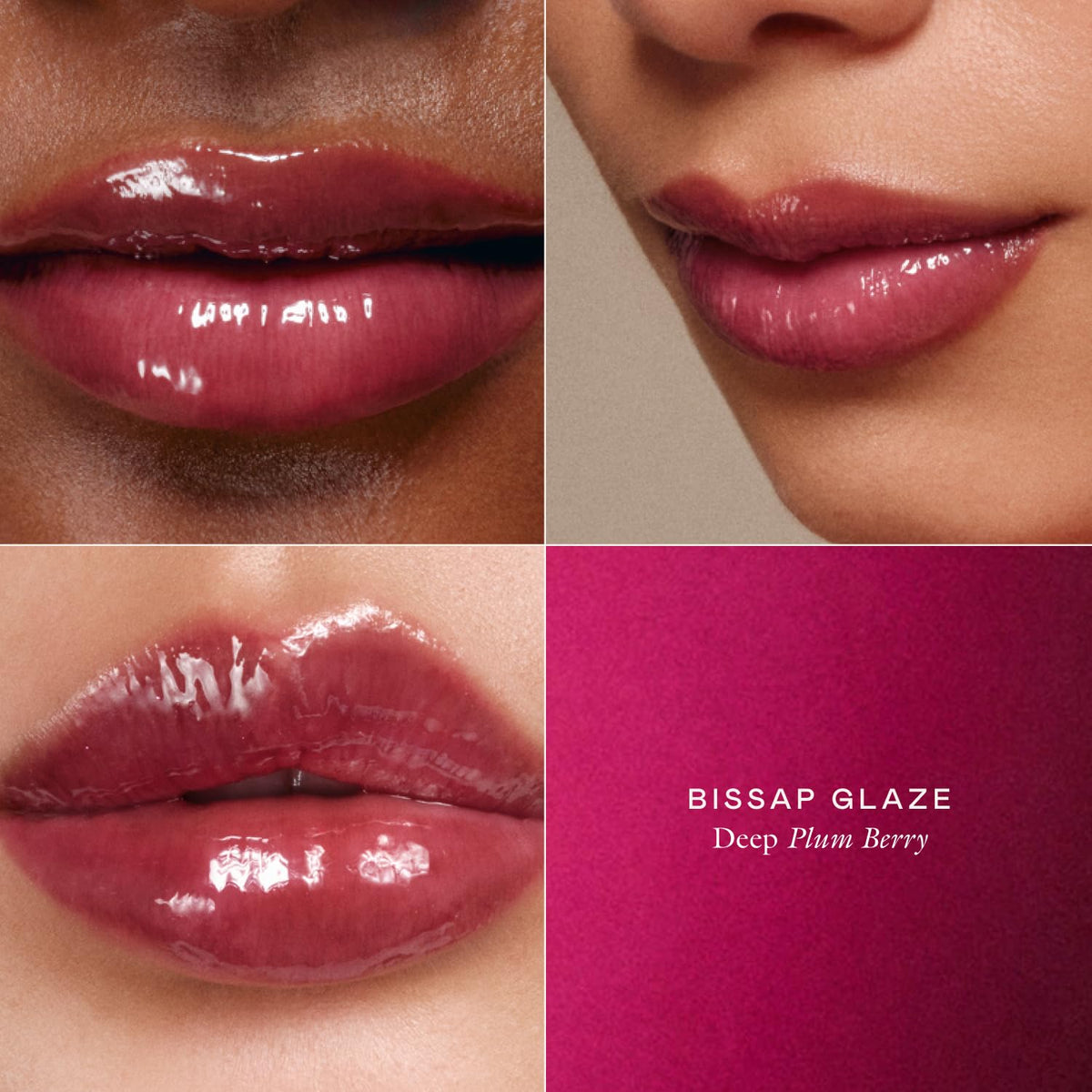EADEM swiped Bissap Glaze on lips showing color payoff and glossy finish