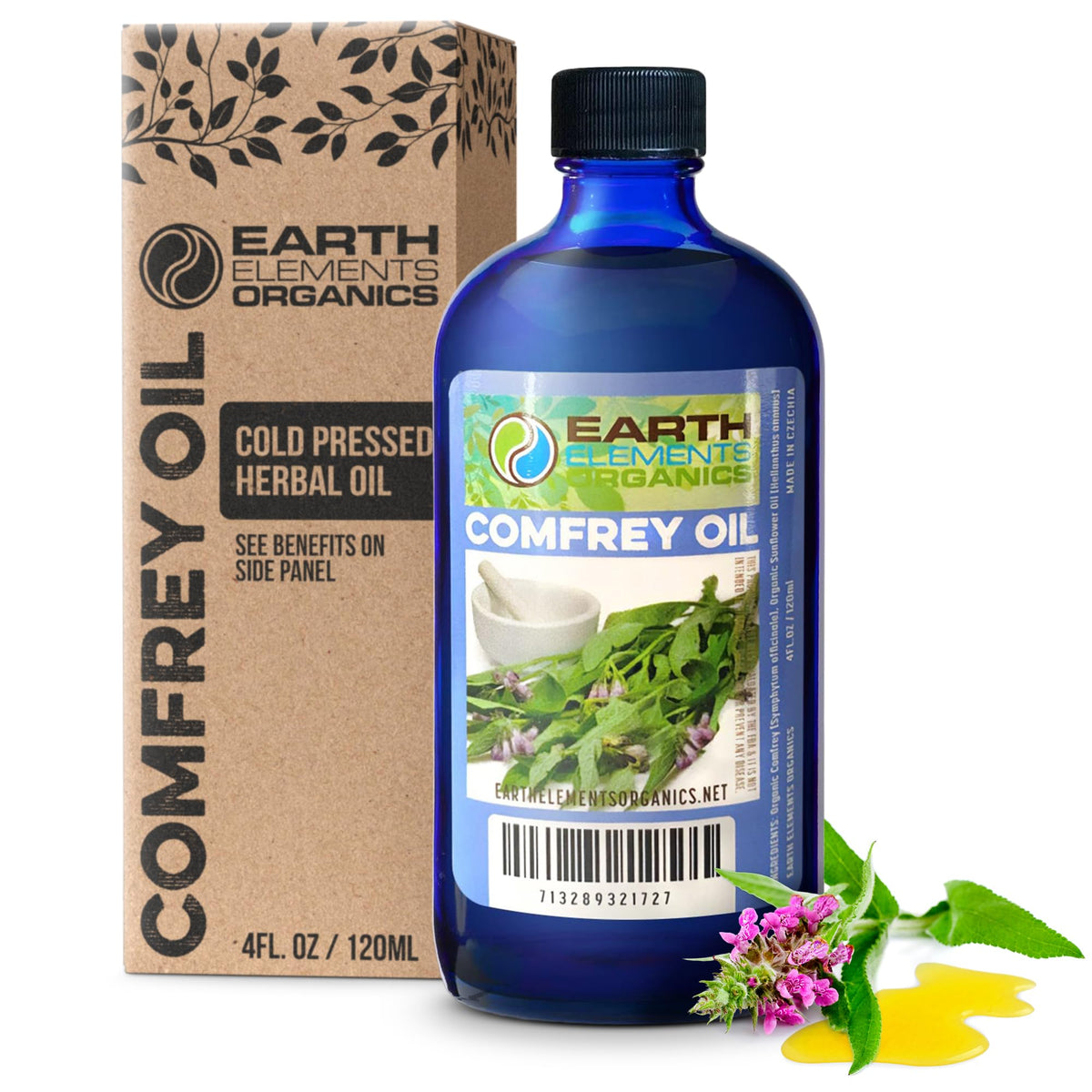 Earth Elements Organics bottle front view showing label and glass packaging benefit: durable storage