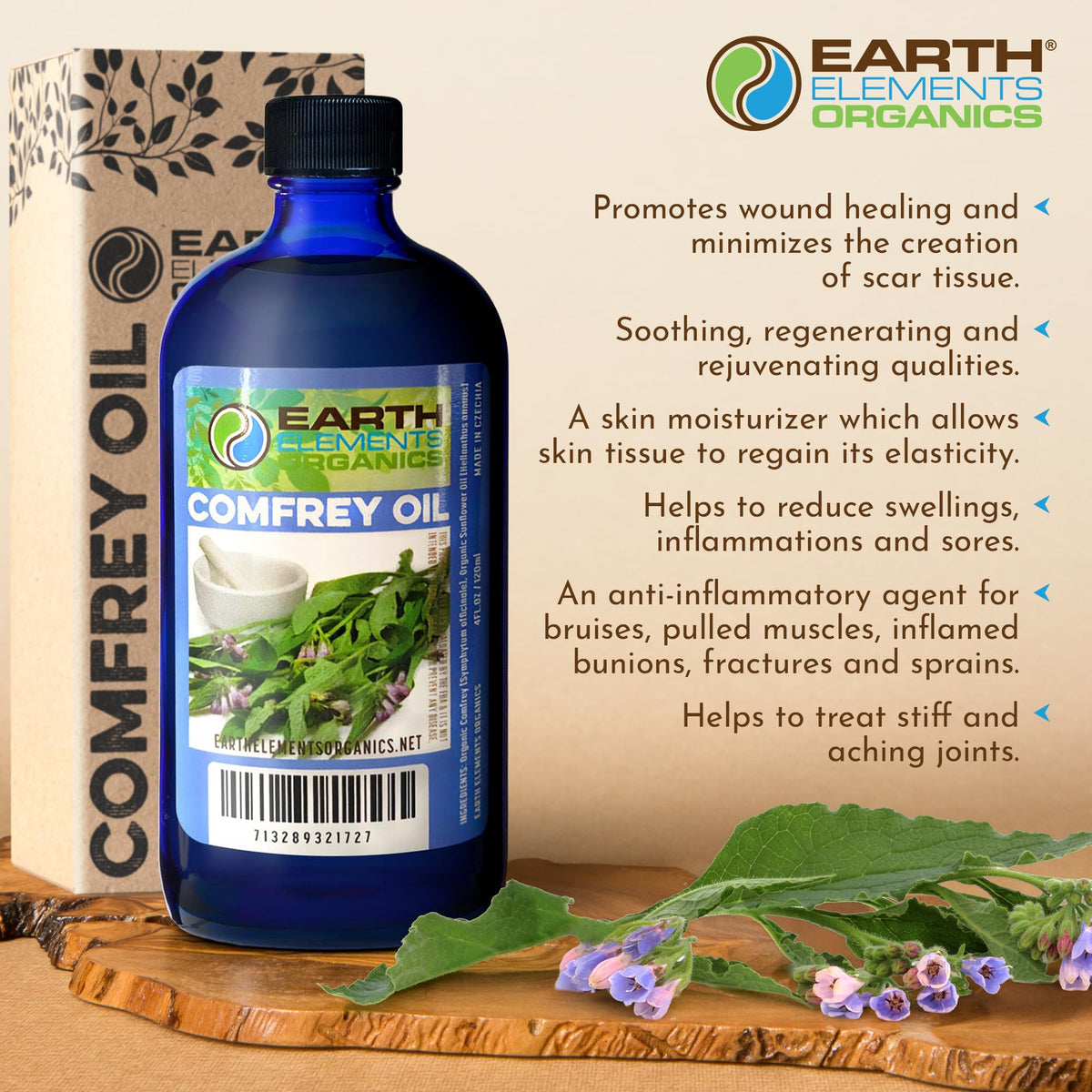 Earth Elements Organics oil next to balm-making supplies showing DIY salve benefit