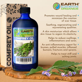 Earth Elements Organics oil next to balm-making supplies showing DIY salve benefit