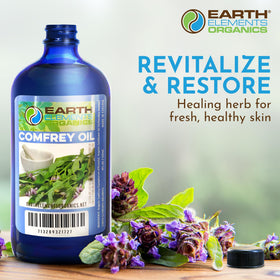 Earth Elements Organics bottle beside common objects showing scale and travel-friendly benefit