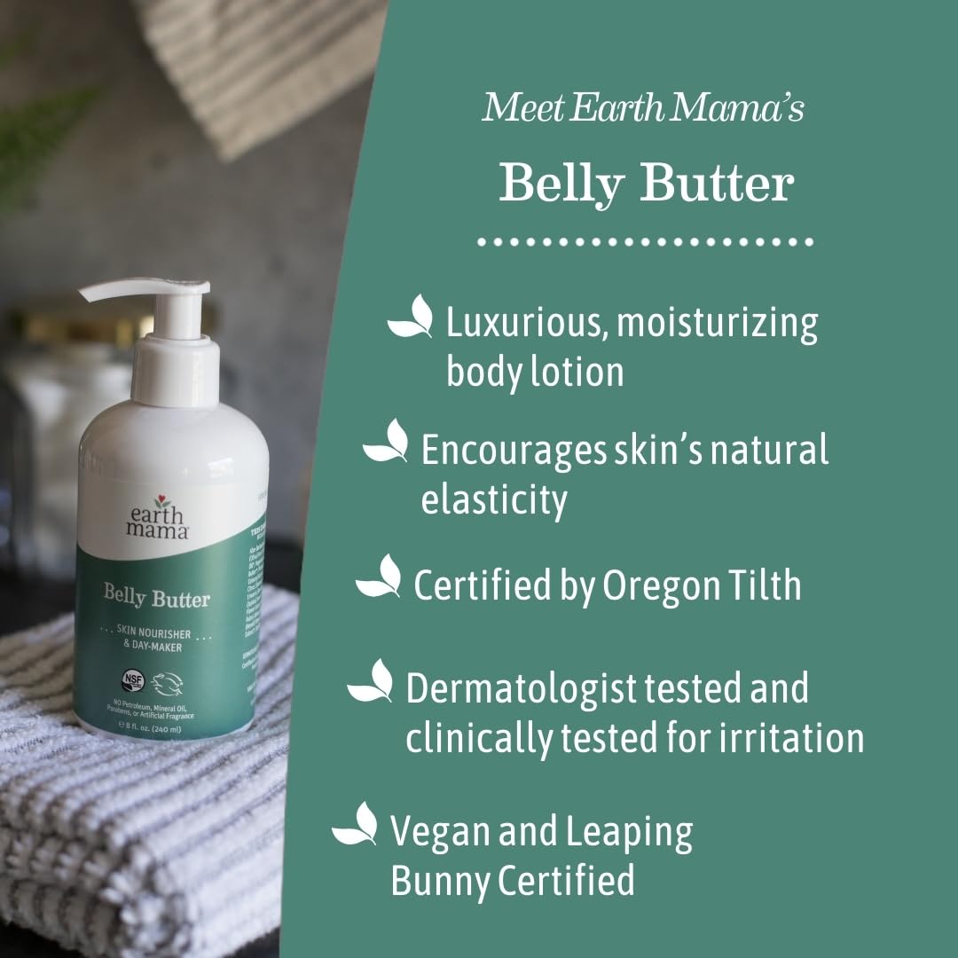 Earth Mama belly butter ingredient display with oils and calendula for purity