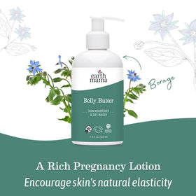 Earth Mama butter placed near baby items suggesting safe, nourishing care