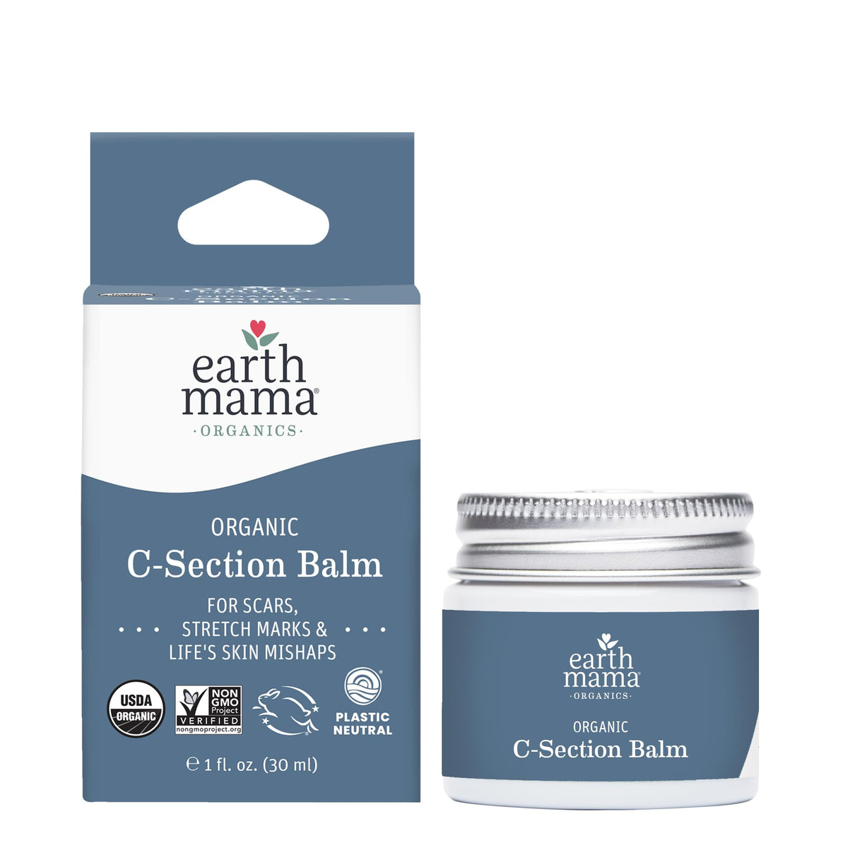 Earth Mama front jar view showing label and compact size benefits