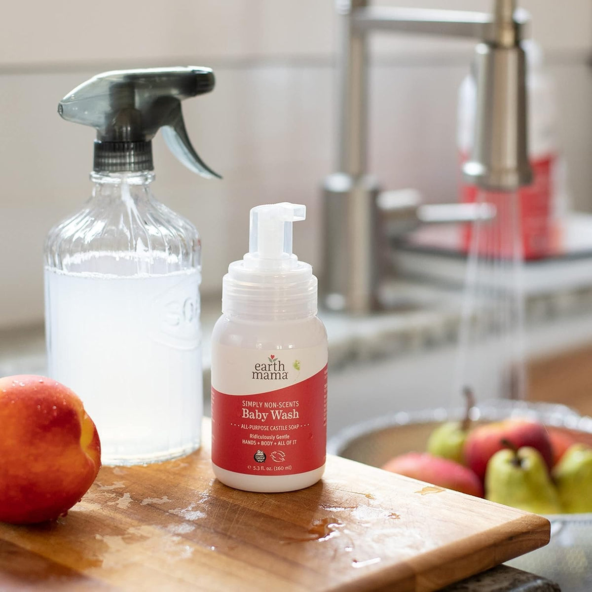 Earth Mama castile soap mixed in spray bottle for DIY natural cleaner