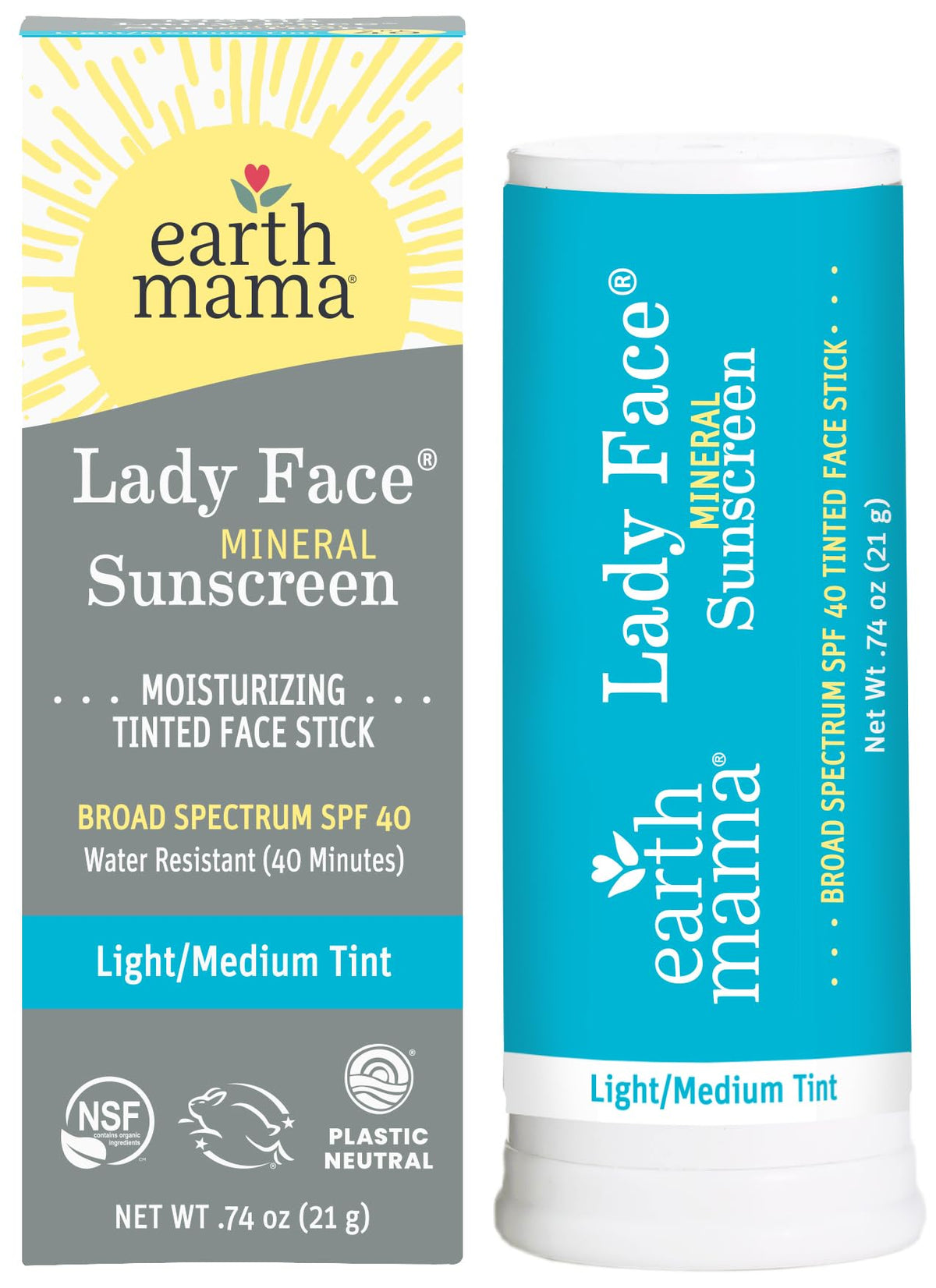 Earth Mama front packaging showing tinted sunscreen stick and SPF benefit