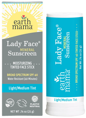 Earth Mama front packaging showing tinted sunscreen stick and SPF benefit