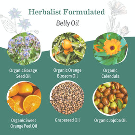 Earth Mama oil being massaged onto belly for soothing comfort