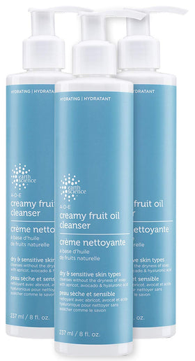 Earth Science ADE Creamy Cleanser front packaging showing three 8 fl oz bottles and label, promotes steady supply