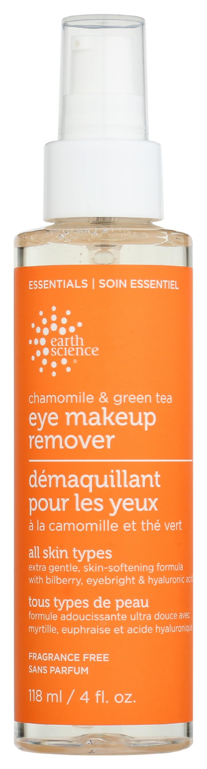 Earth Science front bottle showing chamomile green tea remover, clear gentle cleansing