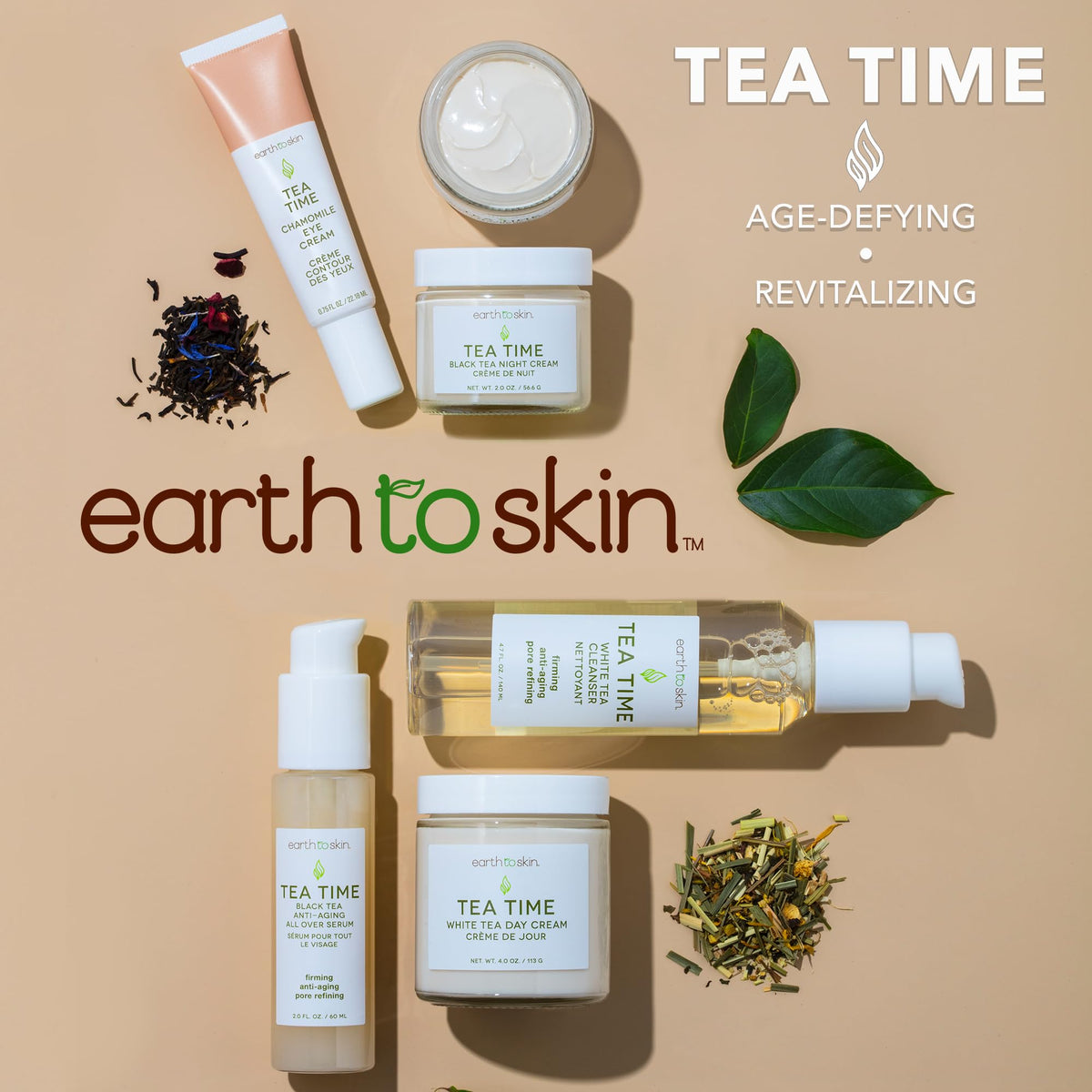Earth To Skin ingredients label showing white tea, hyaluronic acid, and niacinamide benefits