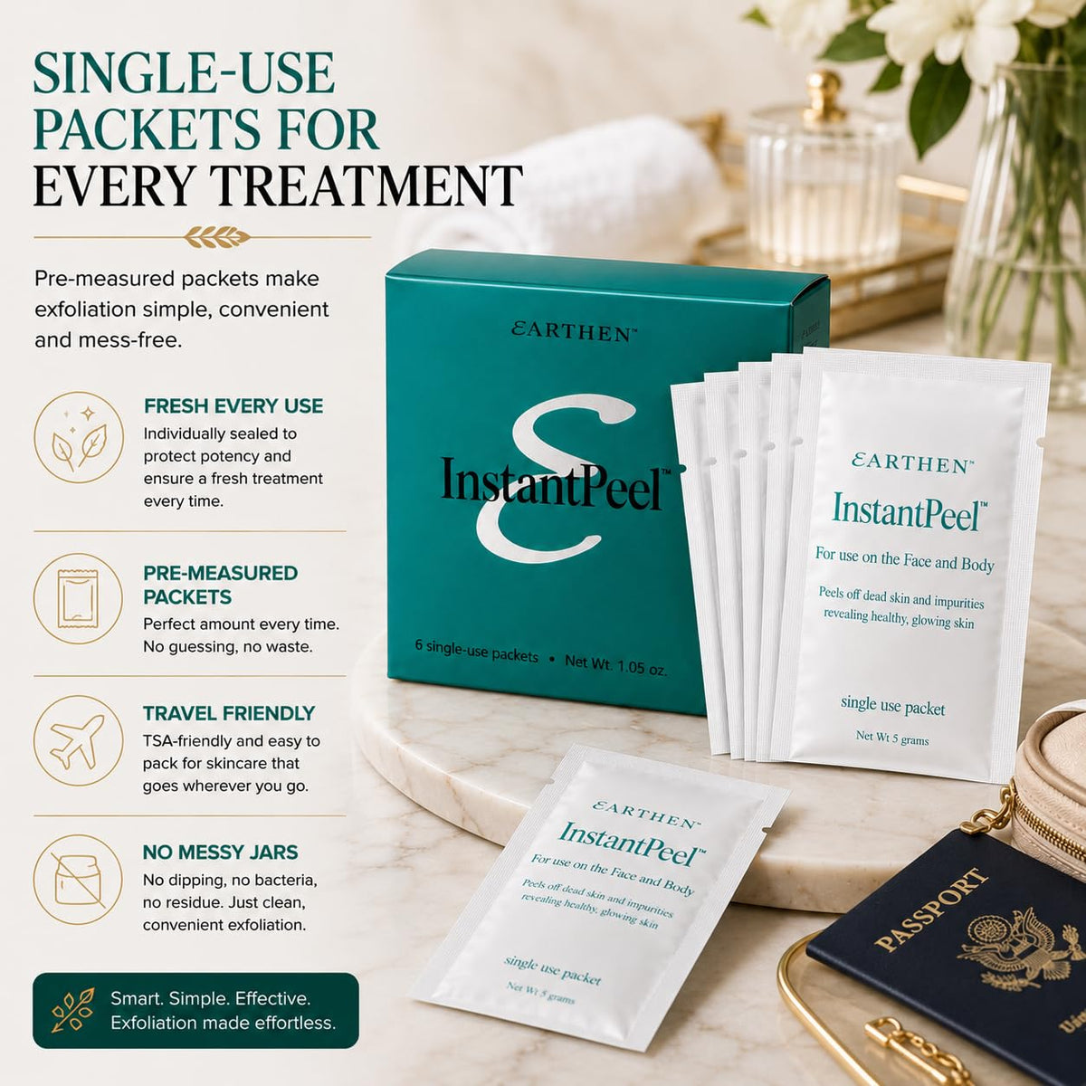 Earthen Skincare multiple packets flatlay showing convenience for home treatments