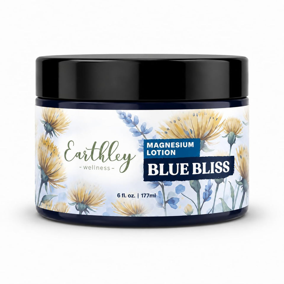 Earthley Wellness jar front view showcasing seasonal Blue Bliss benefits