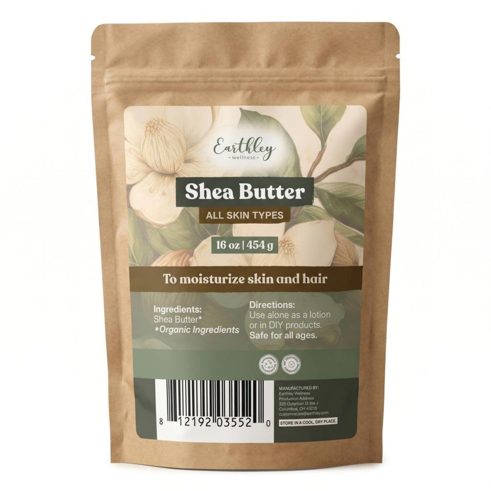 Earthley Wellness front packaging view showing 16oz raw shea butter and clean label benefits